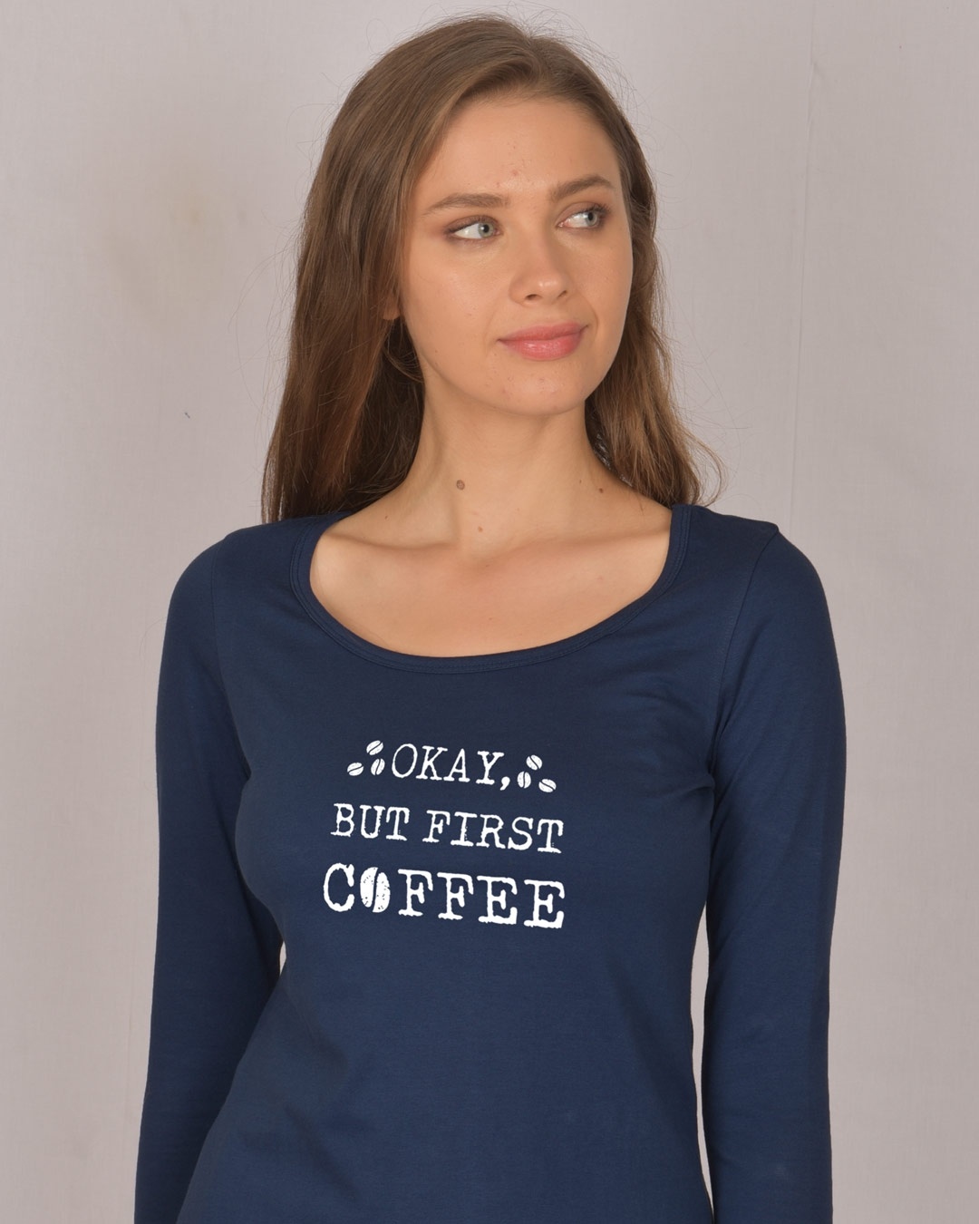 Shop But First, Coffee Scoop Neck Full Sleeve T-Shirt-Front