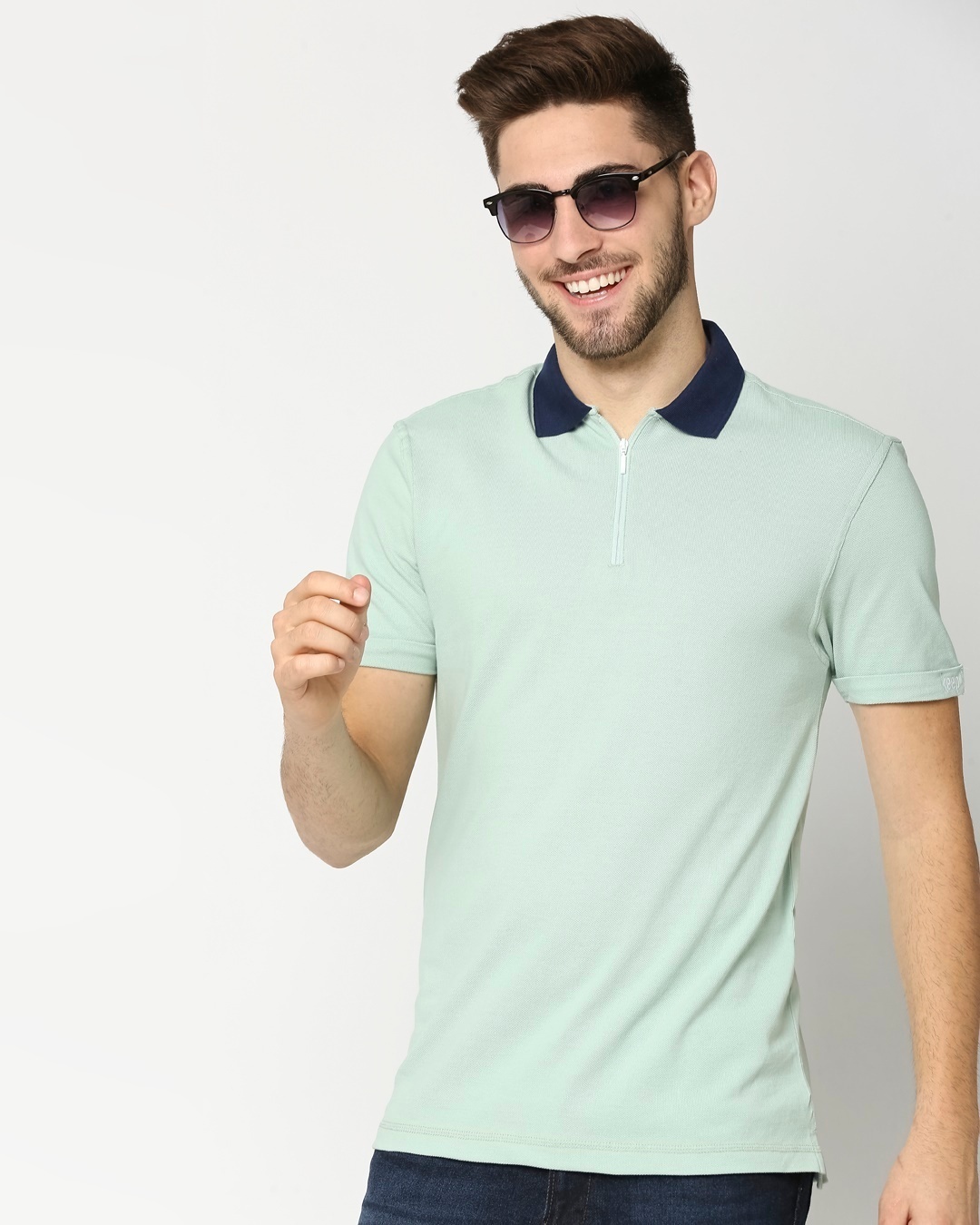 Shop Camo Green Half Sleeve Contrast Zipper Polo-Front