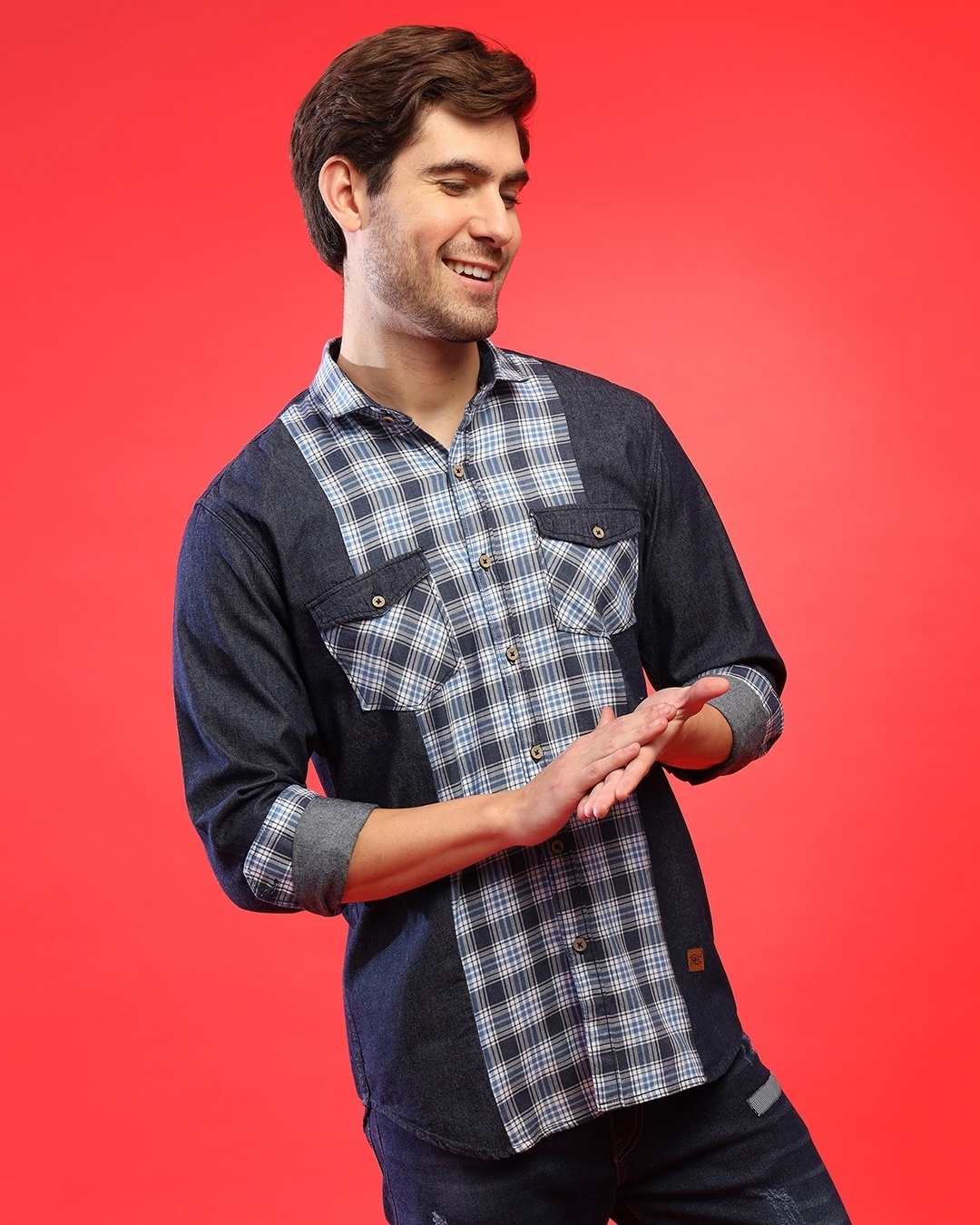 Shop Men's Blue Checkered Regular Fit Shirt-Front