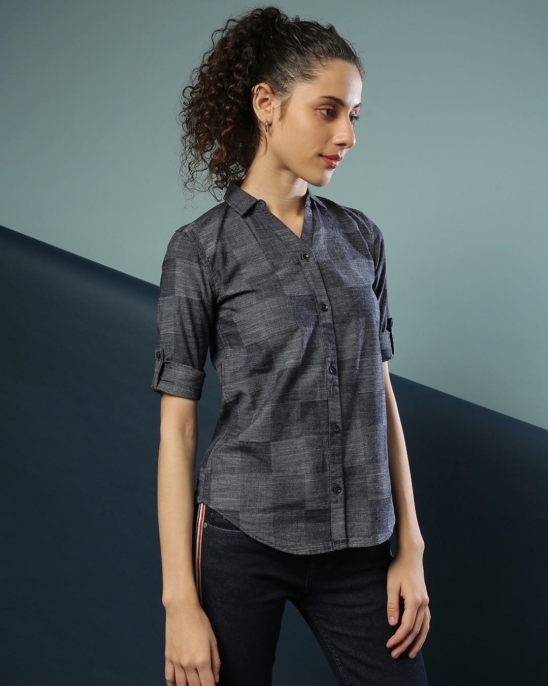 Shop Women's Blue Checkered Regular Fit Shirt-Back