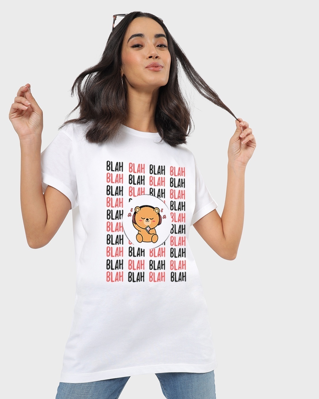 Shop Women's White Can't Hear You Graphic Printed Boyfriend T-shirt-Front