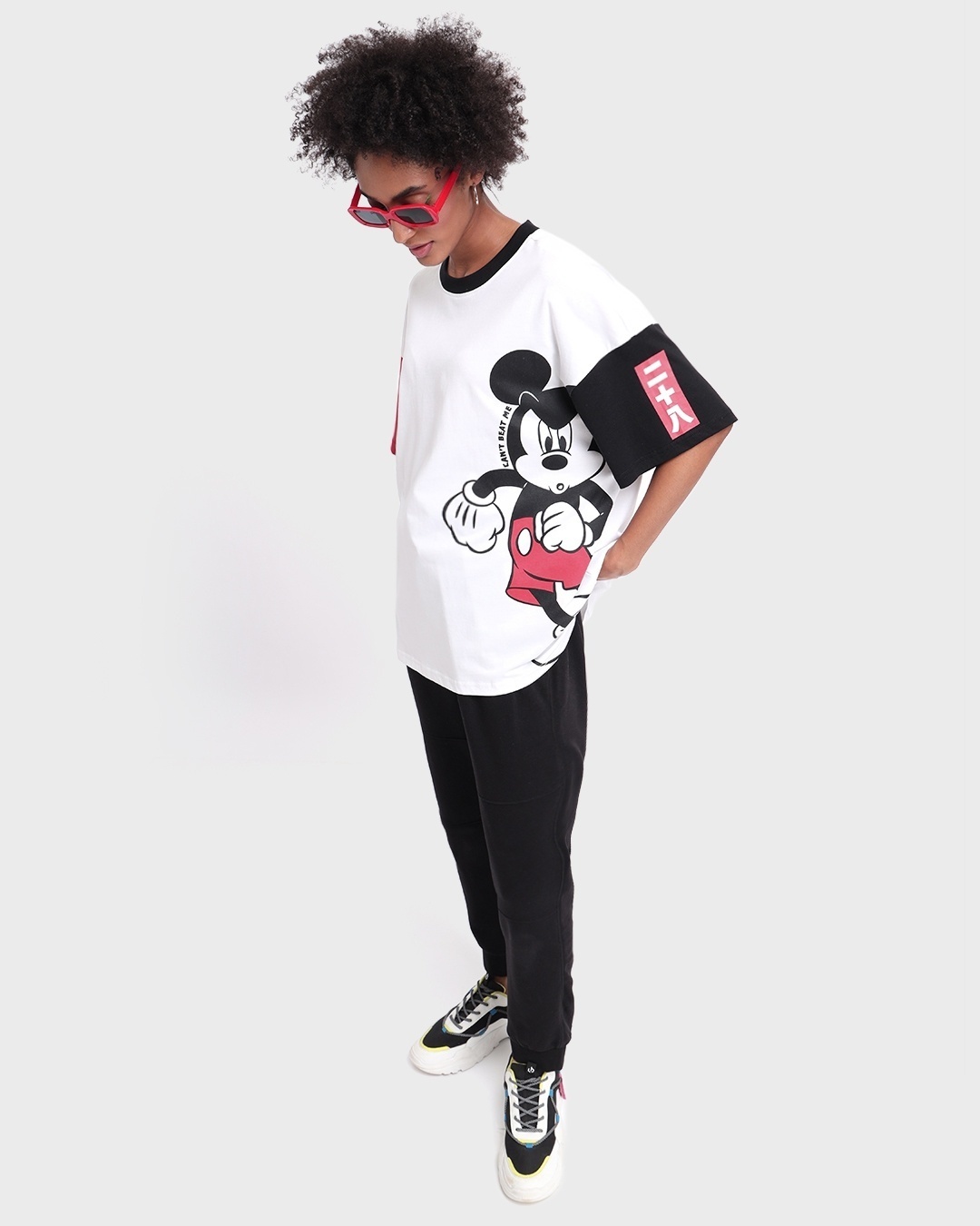 Shop Unisex White & Black Can't Beat Me Mickey Graphic Printed T-shirt
