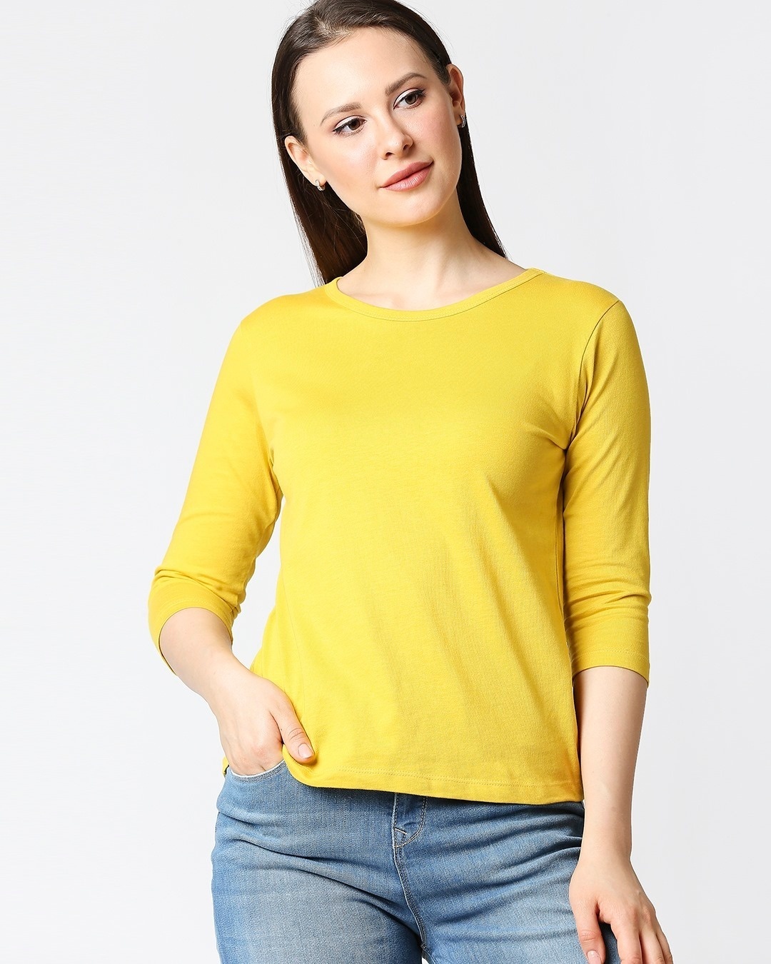 Shop Ceylon Yellow 3/4 Sleeves T-Shirt-Front