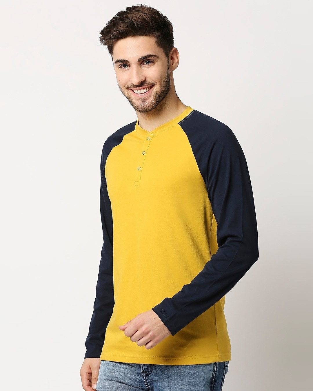 Shop Ceylon Yellow - Pageant Blue Raglan Full Sleeve Henley-Design