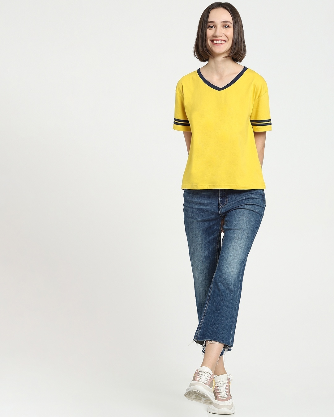 Shop Ceylon Yellow V Neck Stripe Sleeves Relaxed Fit T-Shirt-Full