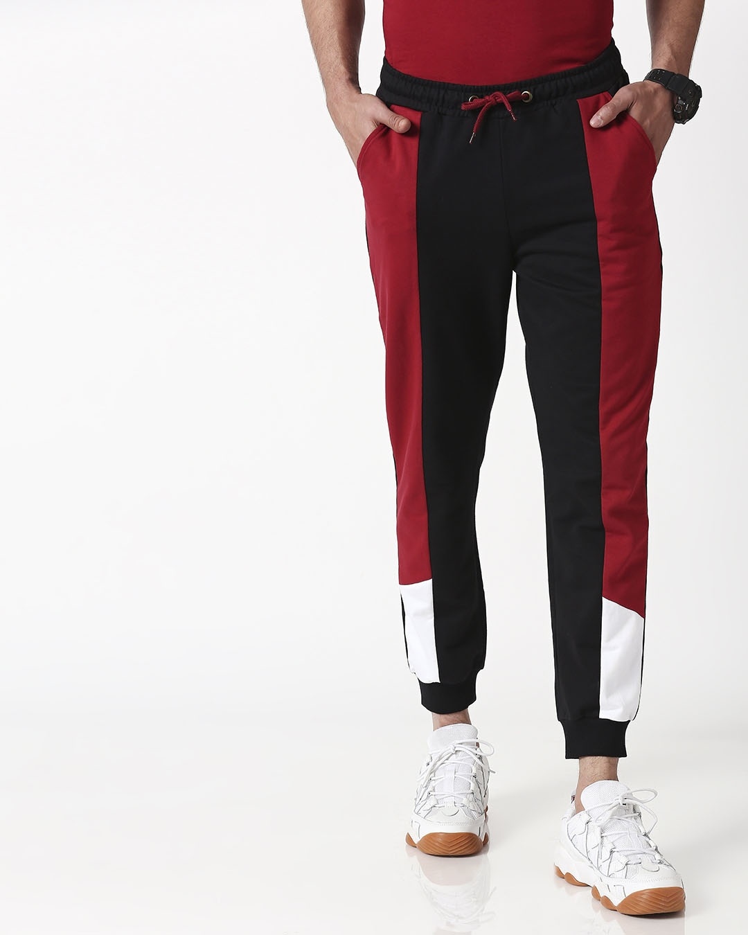 Shop Cherry Red Color Block Joggers-Back