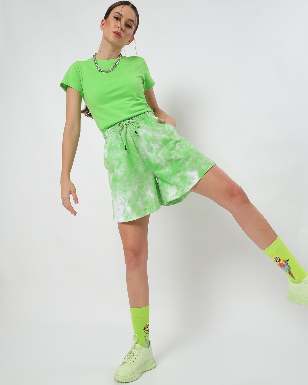 Shop Chilled Out Green Tie & Dye Flared Shorts-Full
