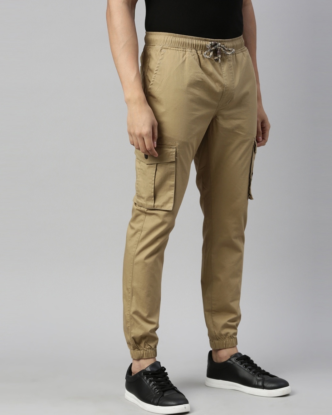 Shop Men's Beige Cotton Slim Fit Trousers-Back