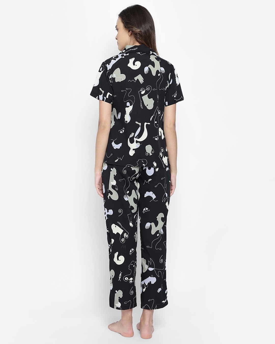 Shop Abstract Print Button Me Up Shirt And Pyjama Set In Black   Crepe-Back