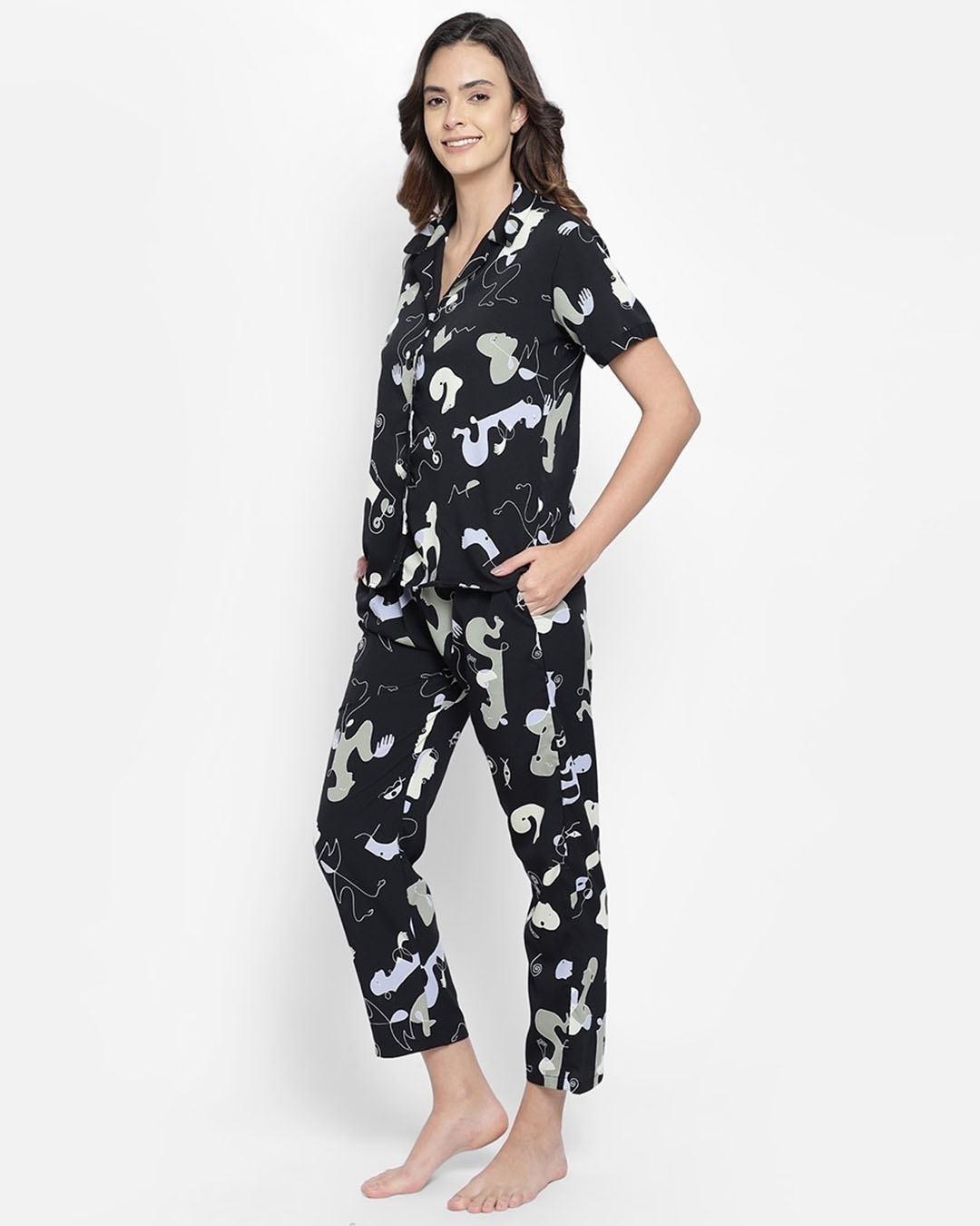 Shop Abstract Print Button Me Up Shirt And Pyjama Set In Black   Crepe-Design