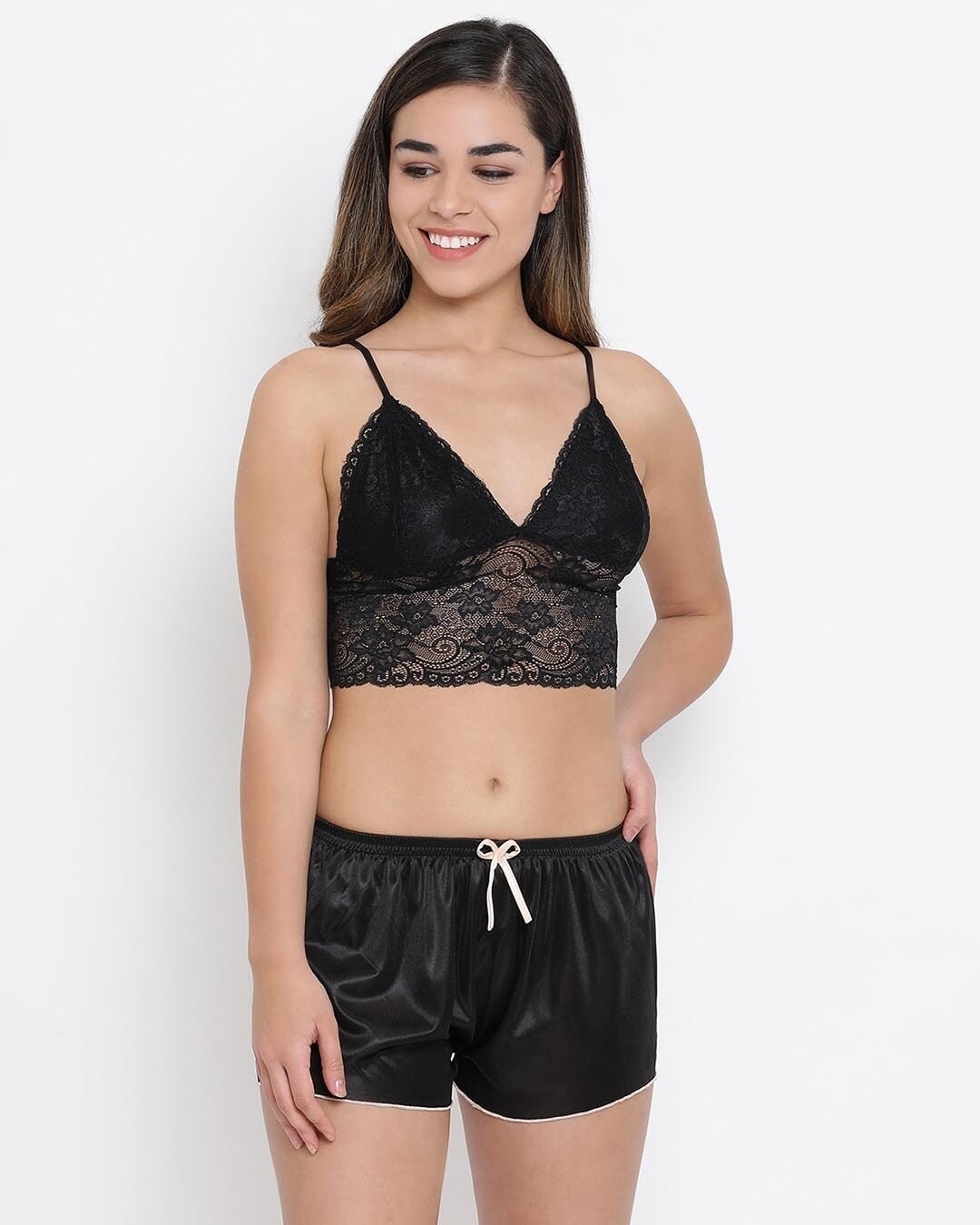 Shop Bralette With Shorts & Pyjama Set In Black   Lace-Design