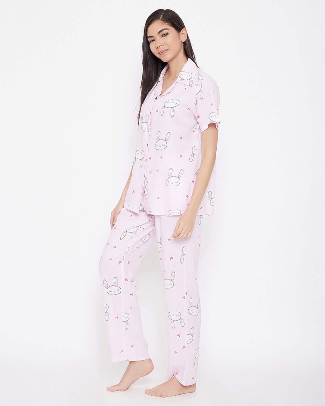 Shop Bunny & Heart Print Button Me Up Shirt & Pyjama In Baby Pink   Rayon-Back