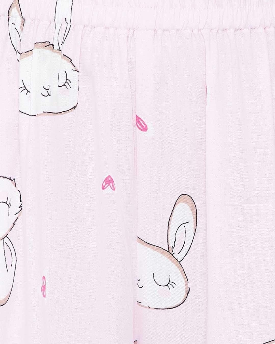 Shop Bunny & Heart Print Button Me Up Shirt & Pyjama In Baby Pink   Rayon