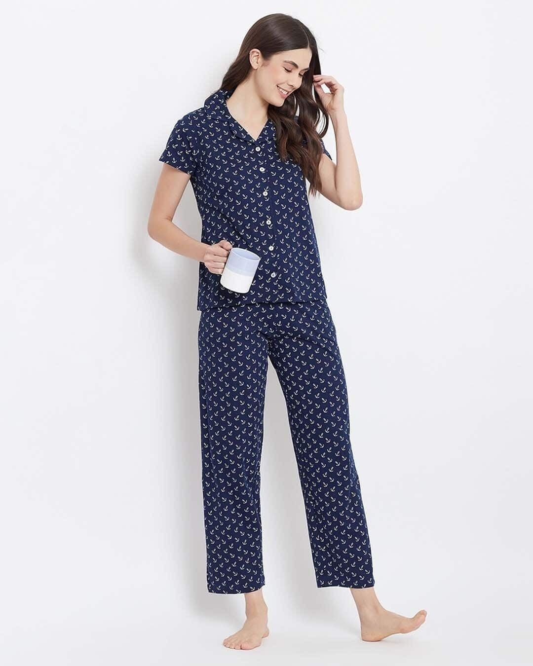 Shop Button Me Up Anchor Print Shirt & Pyjama Set In Navy-Front