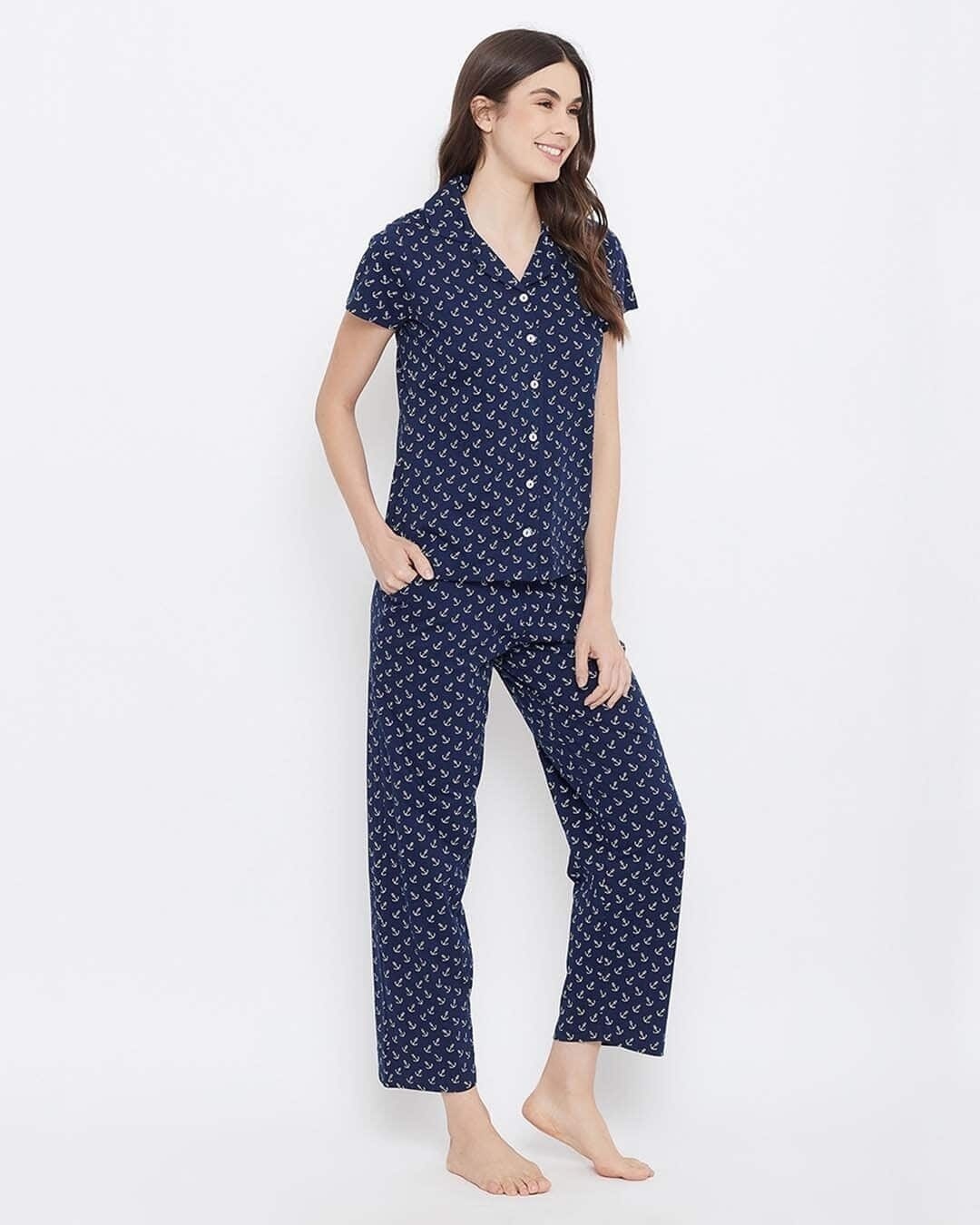 Shop Button Me Up Anchor Print Shirt & Pyjama Set In Navy-Full
