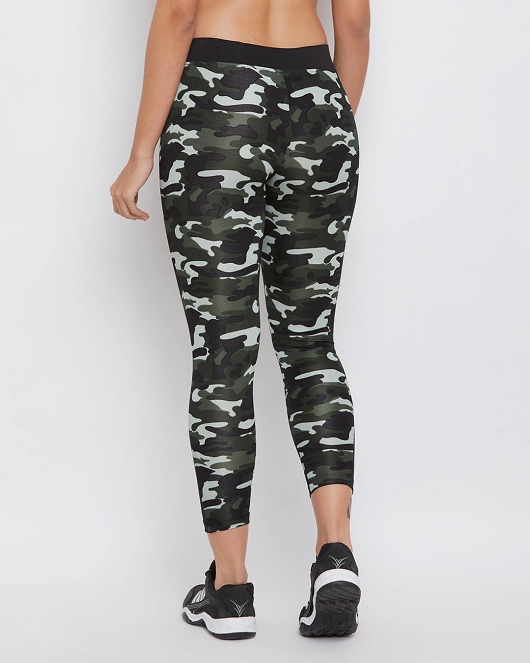 Shop Camouflage Print Activewear Ankle Length Tights In Olive Green-Back