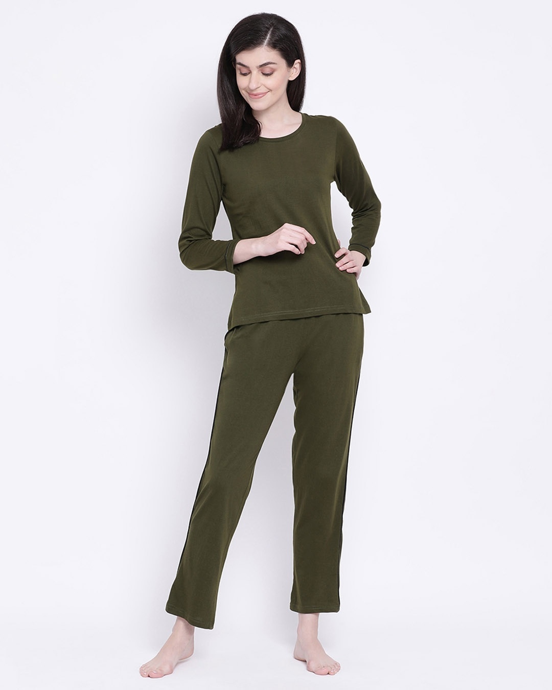 Shop Chic Basic Top & Pyjama Set In Olive Green  Cotton Rich-Front