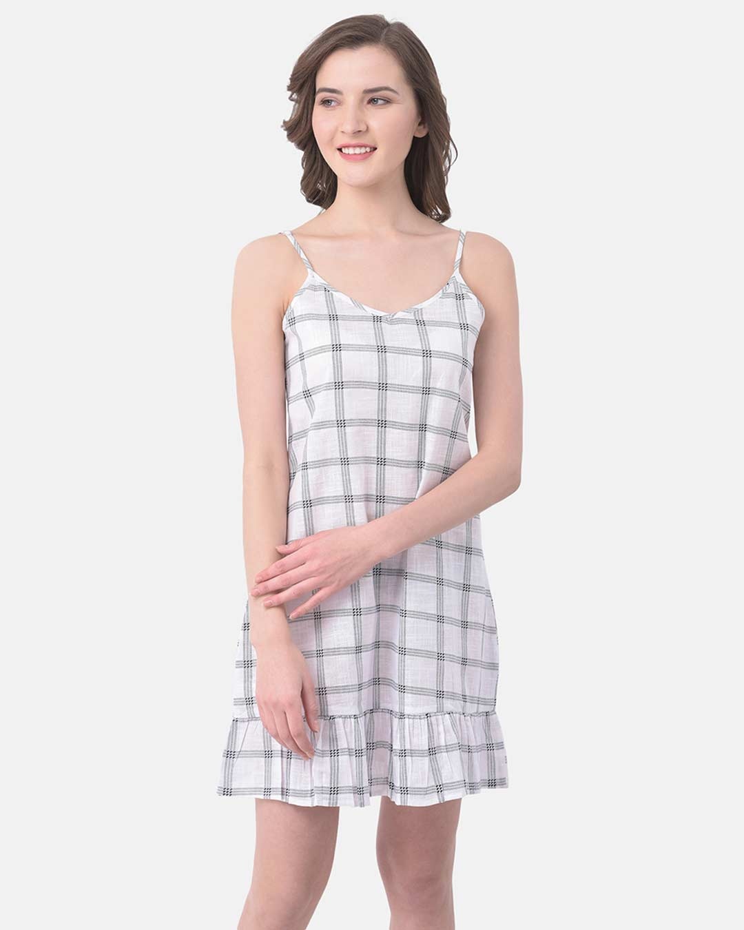 Shop Classy Checks Sleep Dress In White  100% Cotton-Front