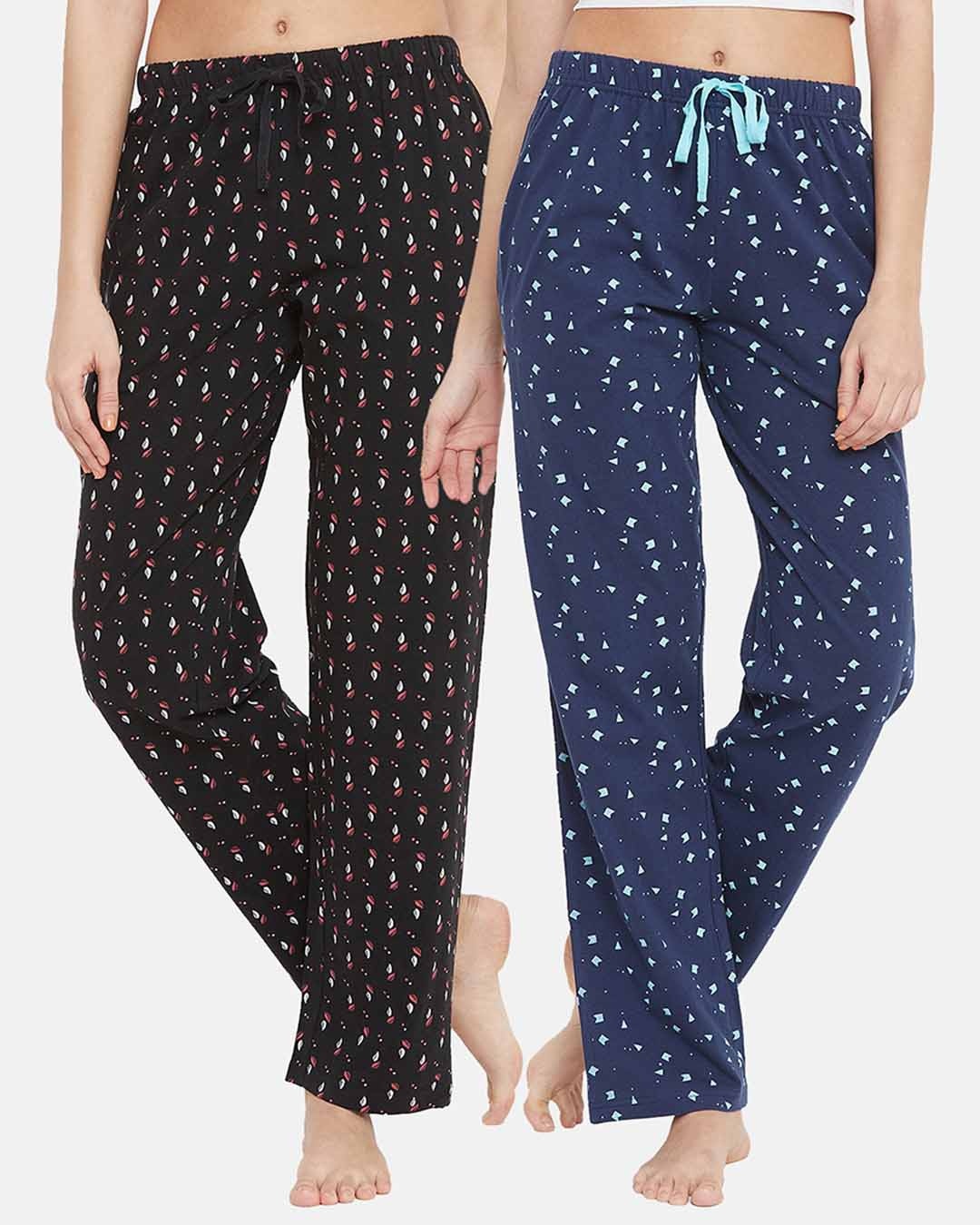 Shop Cotton Pack Of 2 Printed Pyjama Pants With Pocket   Black & Blue
