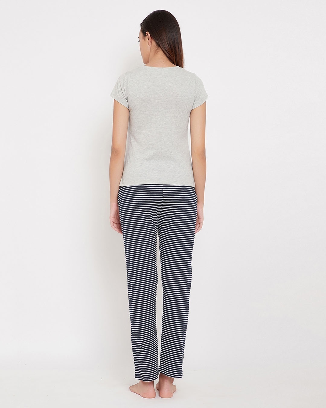 Shop Cotton Solid Sleep T Shirt And Stripes Printed Pyjama Set   Grey And Black-Back