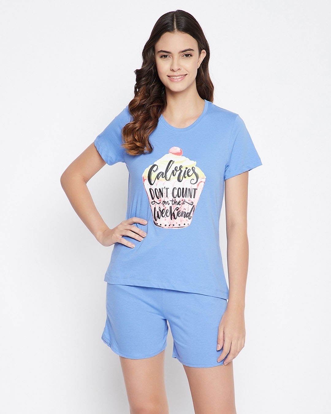 Shop Cupcake And Text Print Top And Shorts Set In Blue   Cotton Rich-Front