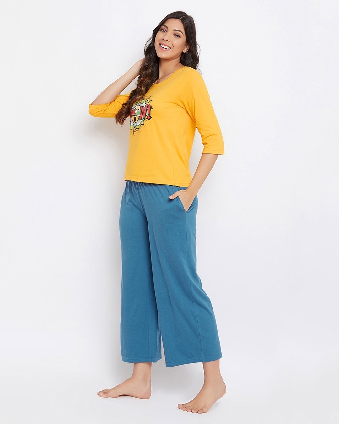 Shop Emoji Print Top & Solid Flared Pants In Yellow & Blue-Back