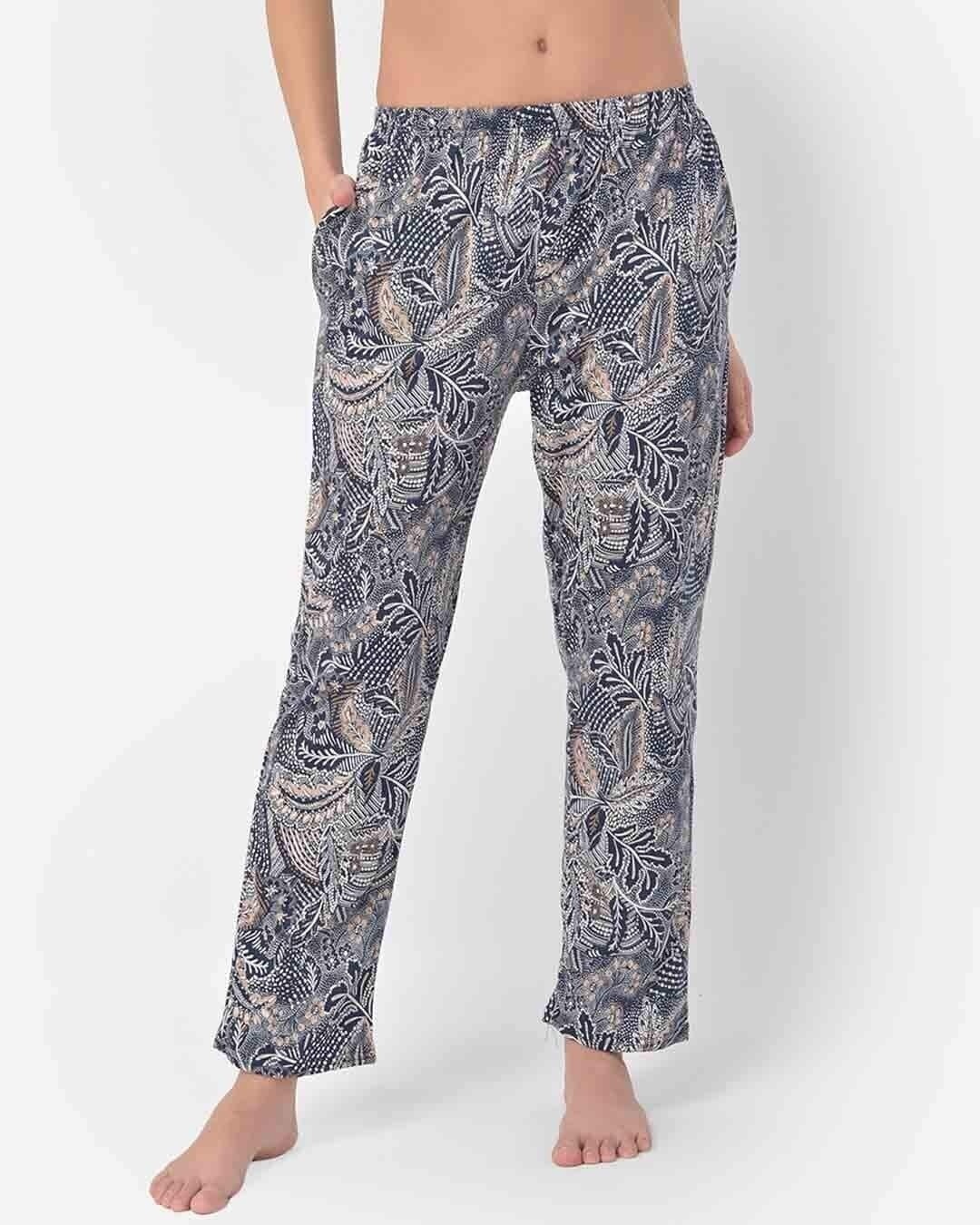 Shop Floral Print Pyjama In Grey   Cotton-Front