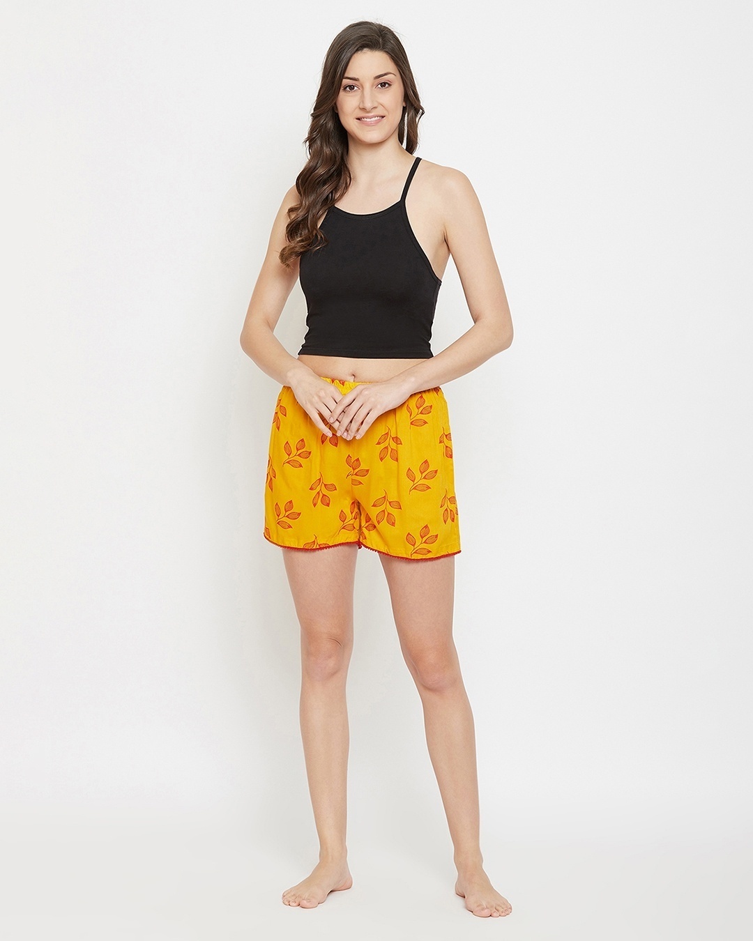 Shop Leaf Print Boxer Shorts In Yellow   Rayon
