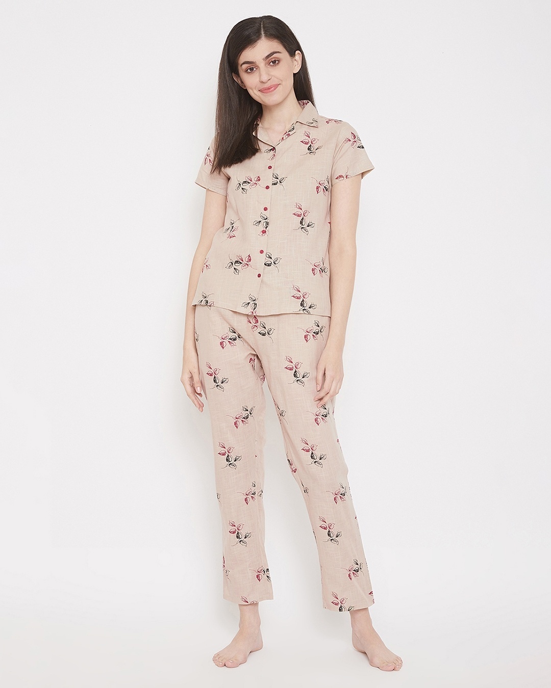 Shop Leaf Print Button Me Up Shirt & Pyjama Set-Front