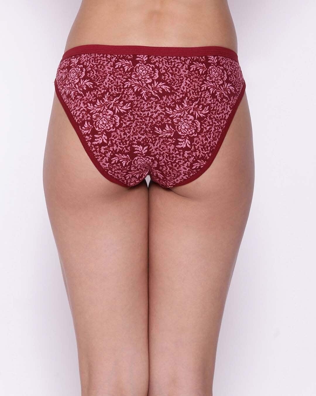 Shop Low Waist Floral Print Bikini Panty In Maroon-Back