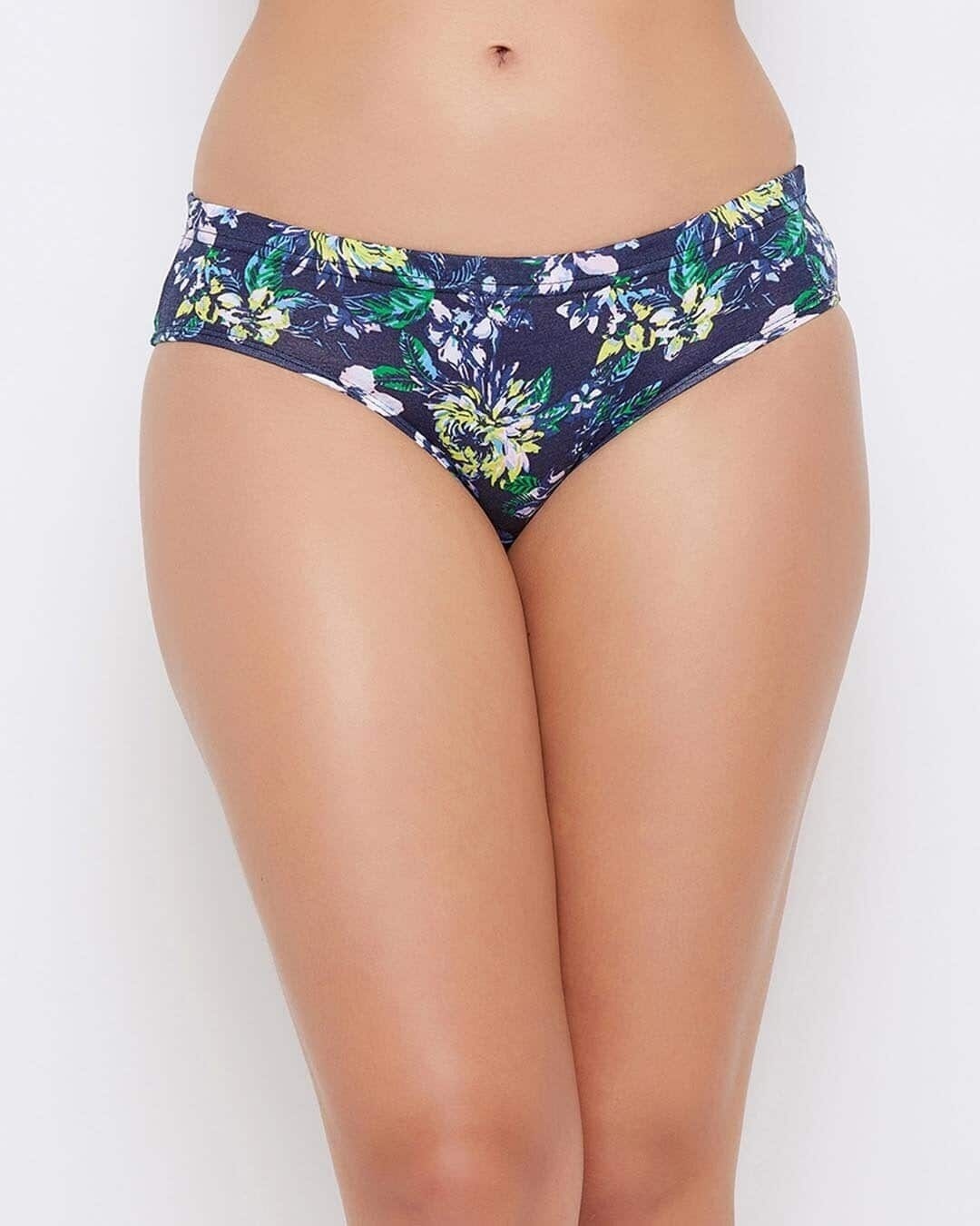 Shop Mid Waist Floral Print Hipster Panty In Navy With Inner Elastic-Front