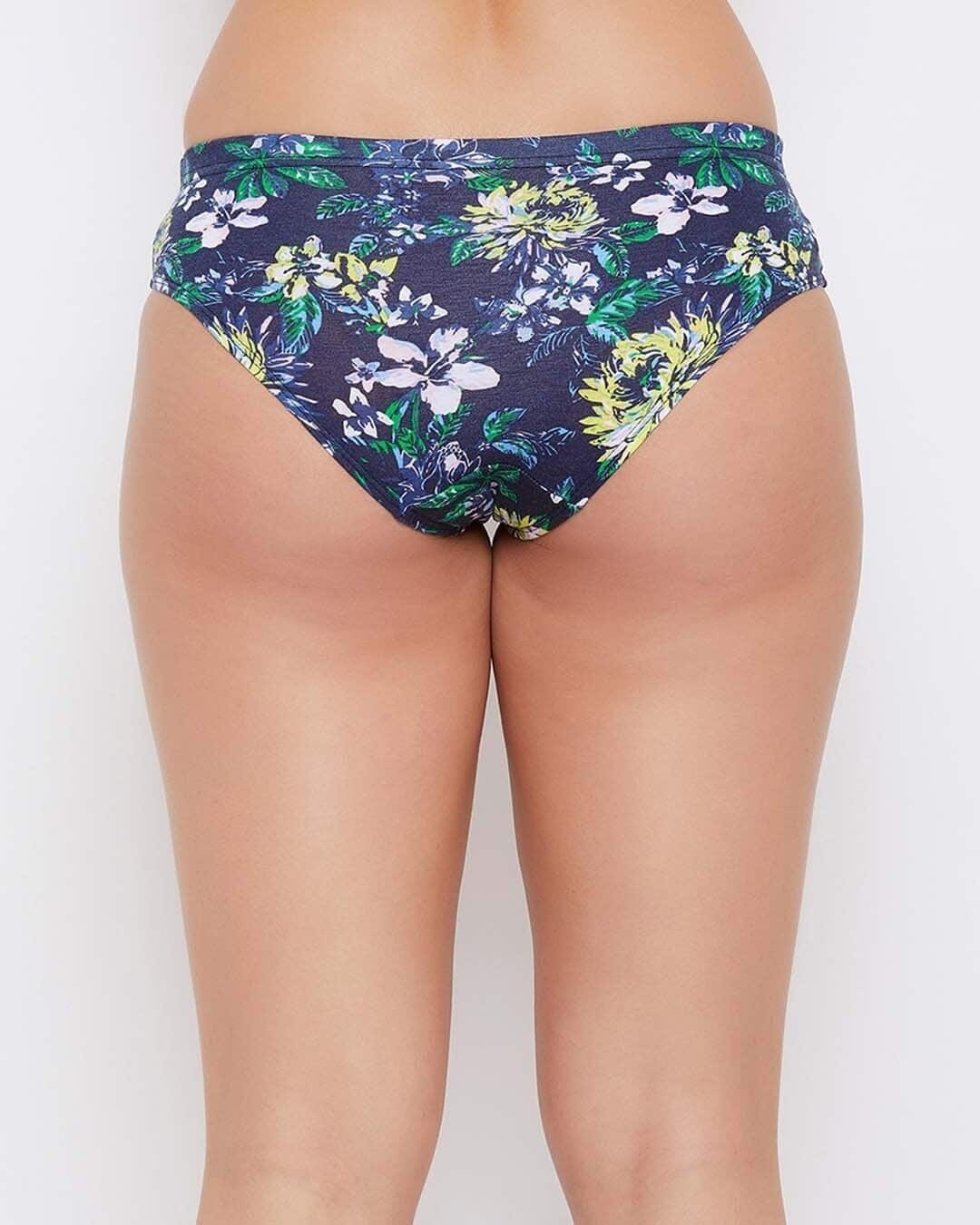 Shop Mid Waist Floral Print Hipster Panty In Navy With Inner Elastic-Back