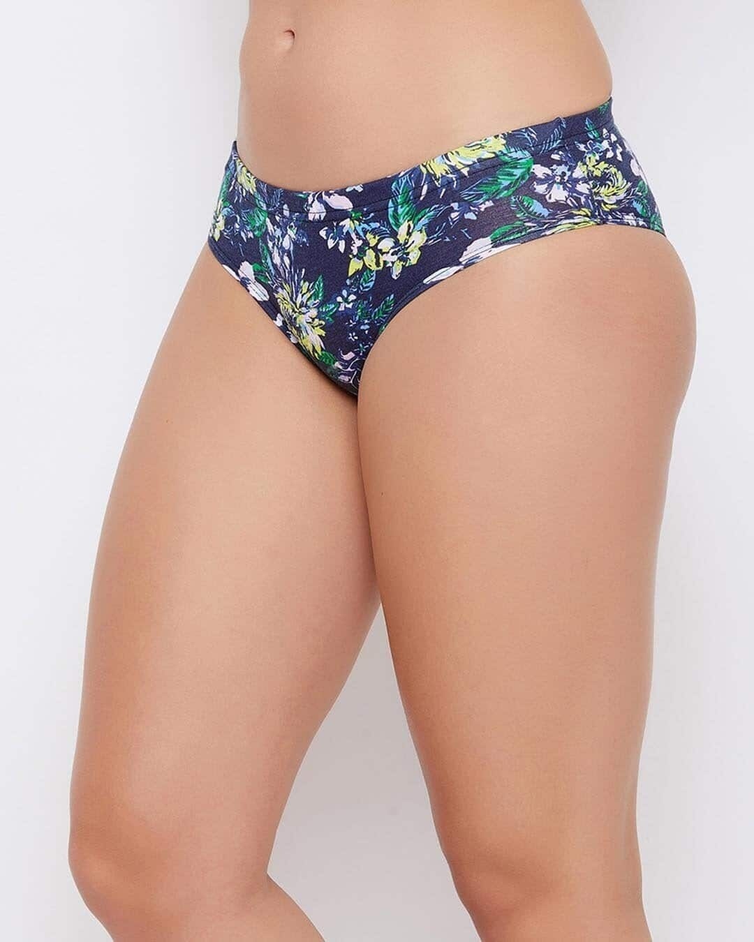 Shop Mid Waist Floral Print Hipster Panty In Navy With Inner Elastic-Design