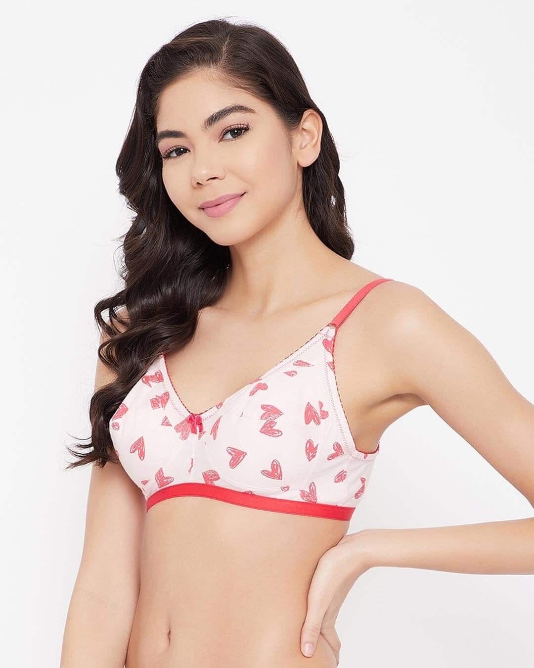 Shop Non Padded Non Wired Heart Print Full Figure Bra In Baby Pink   Cotton Rich-Design