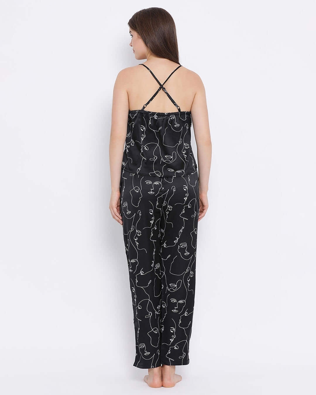 Shop Plush Satin Printed Top & Pyjama Set In Black-Back