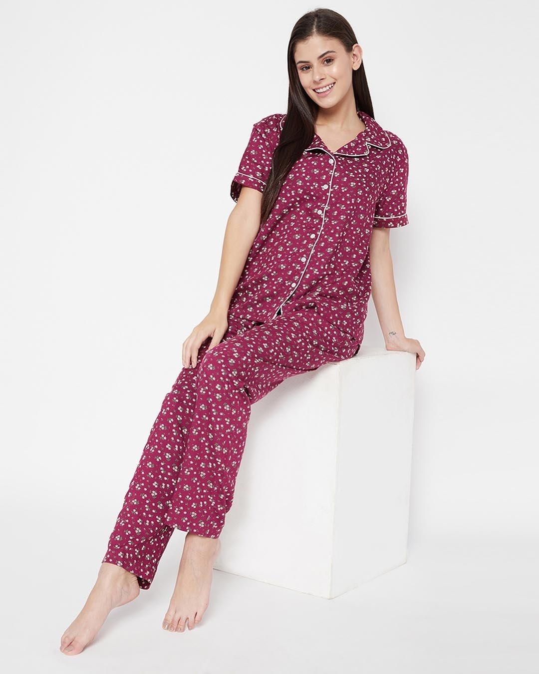 Shop Pretty Florals Button Me Up Shirt And Pyjama In Maroon   Rayon-Front