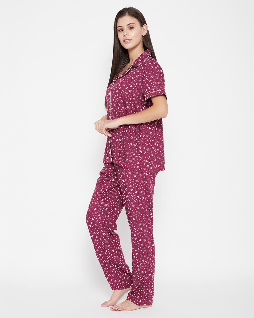 Shop Pretty Florals Button Me Up Shirt And Pyjama In Maroon   Rayon-Design