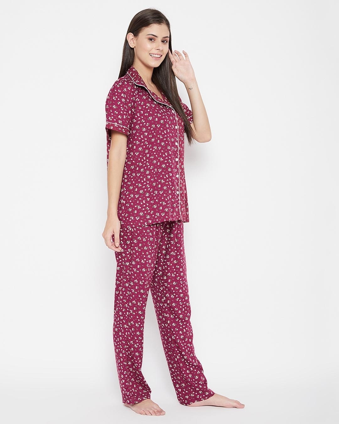 Shop Pretty Florals Button Me Up Shirt And Pyjama In Maroon   Rayon