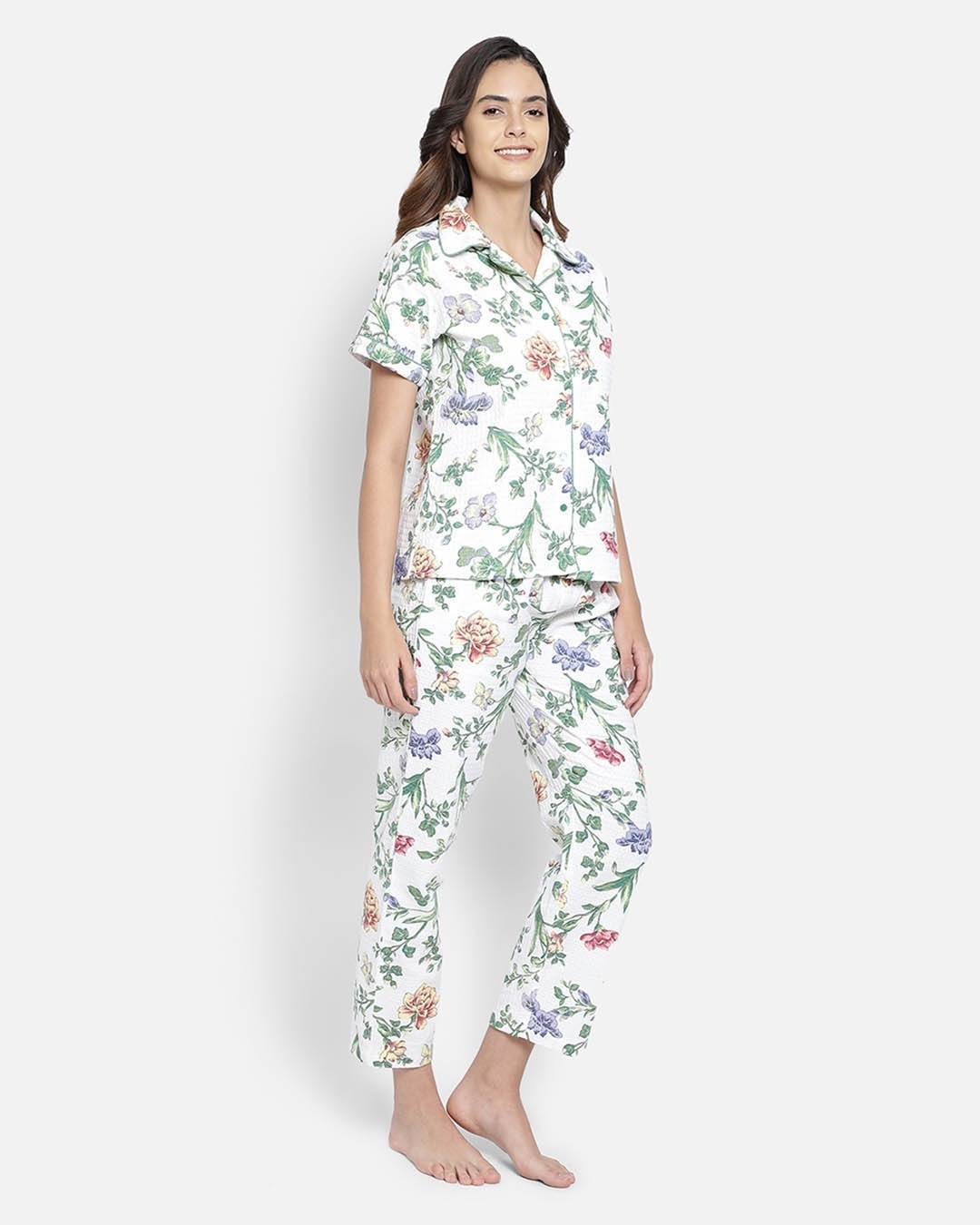 Shop Pretty Florals Button Me Up Shirt And Pyjama Set In White   Crepe-Design