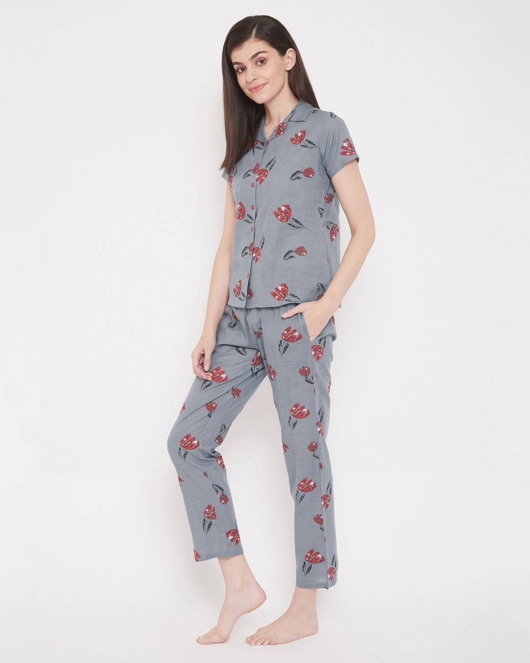 Shop Pretty Florals Button Me Up Shirt & Pyjama Set In Grey   100% Cotton-Back