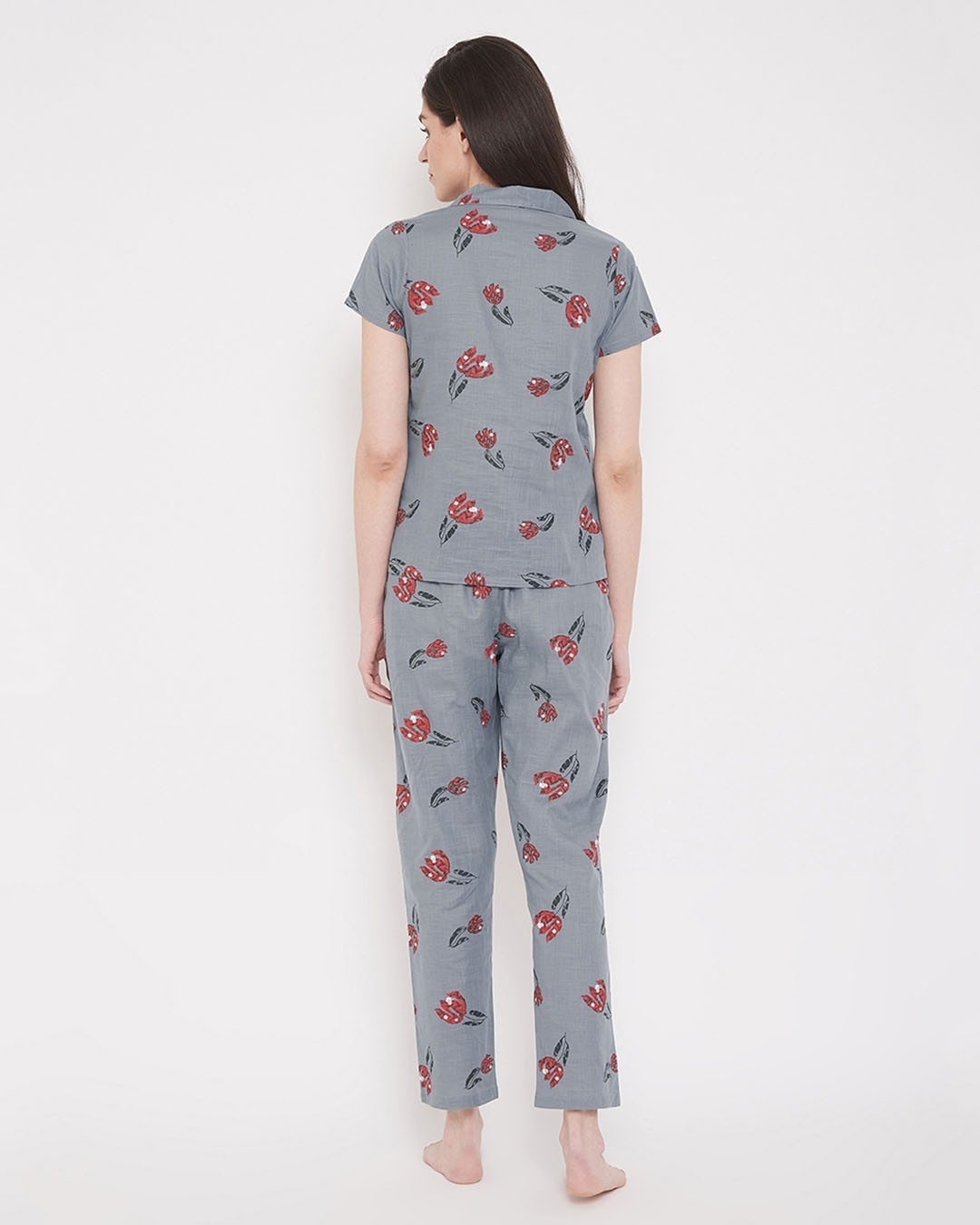 Shop Pretty Florals Button Me Up Shirt & Pyjama Set In Grey   100% Cotton-Design