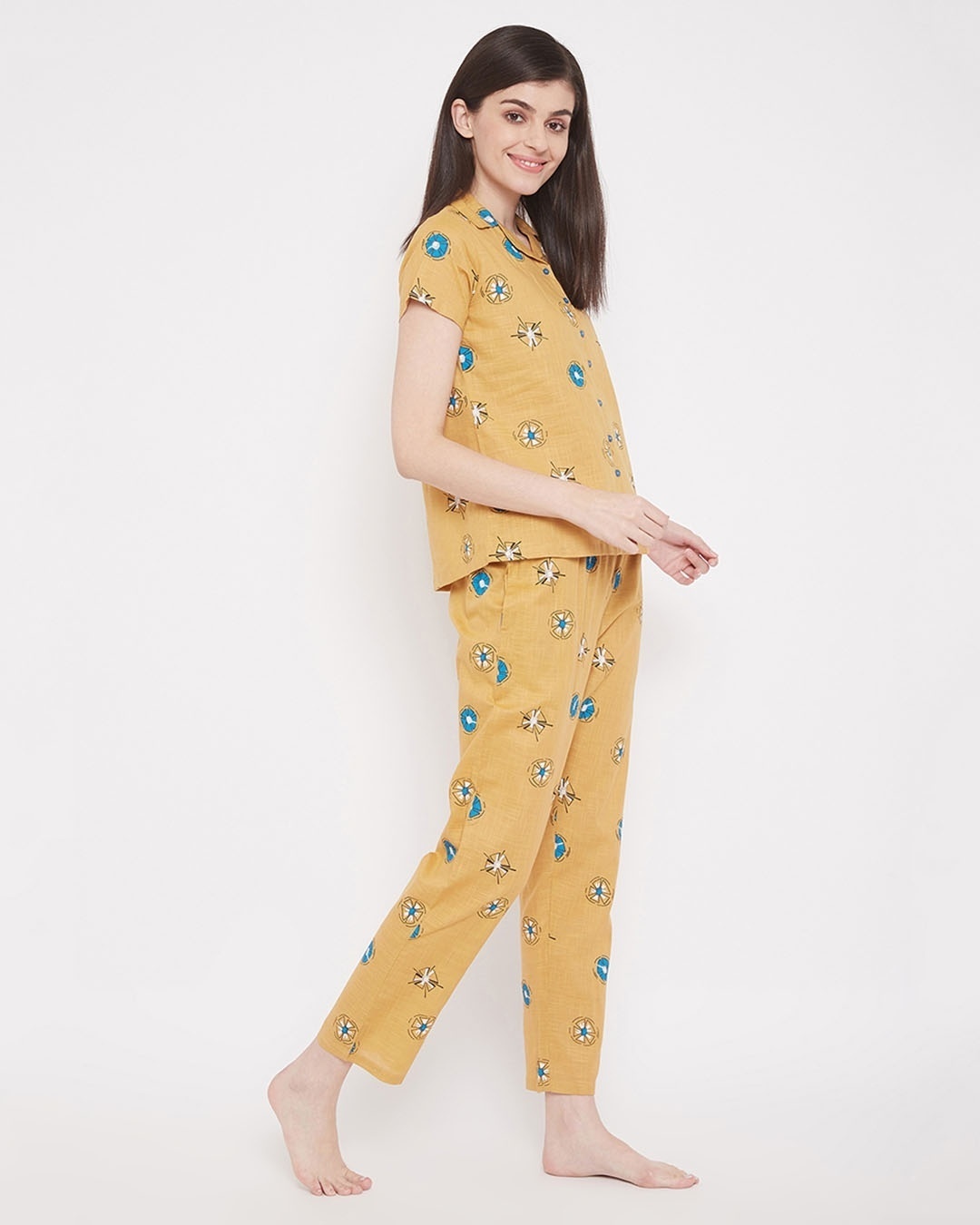 Shop Pretty Florals Button Me Up Shirt & Pyjama Set In Mustard   100% Cotton-Back