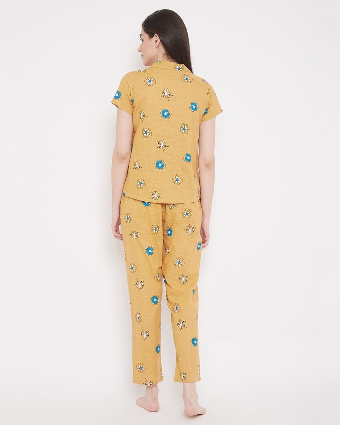 Shop Pretty Florals Button Me Up Shirt & Pyjama Set In Mustard   100% Cotton-Design
