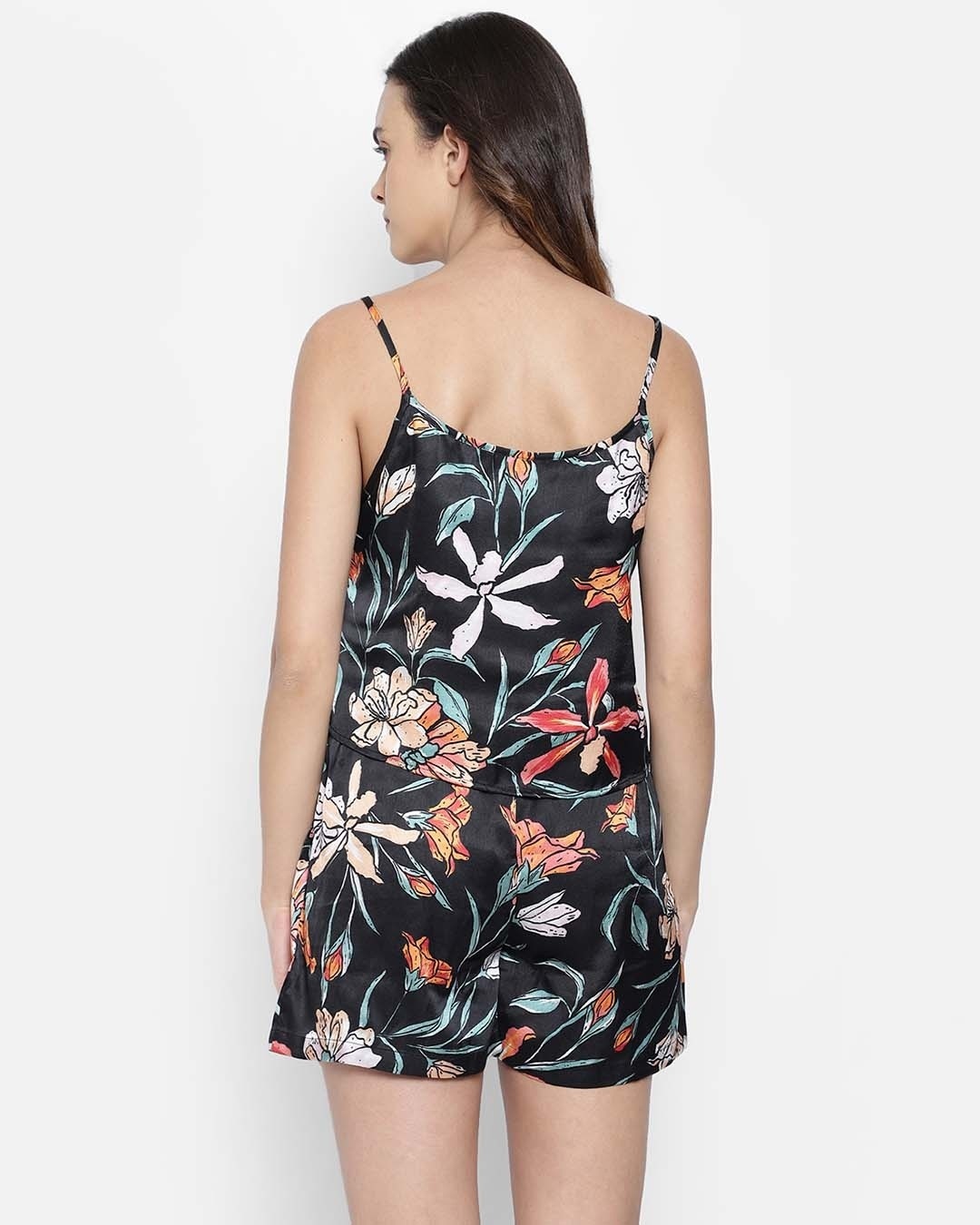 Shop Pretty Florals Crop Top & Shorts Set In Black   Satin-Back