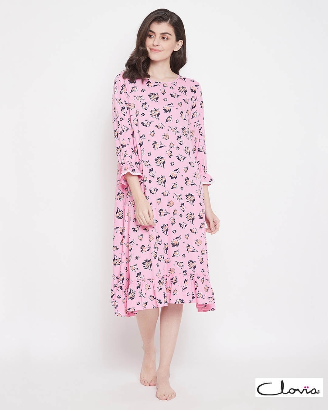 Shop Pretty Florals Mid Length Night Dress In Baby Pink   Cotton Rich-Front