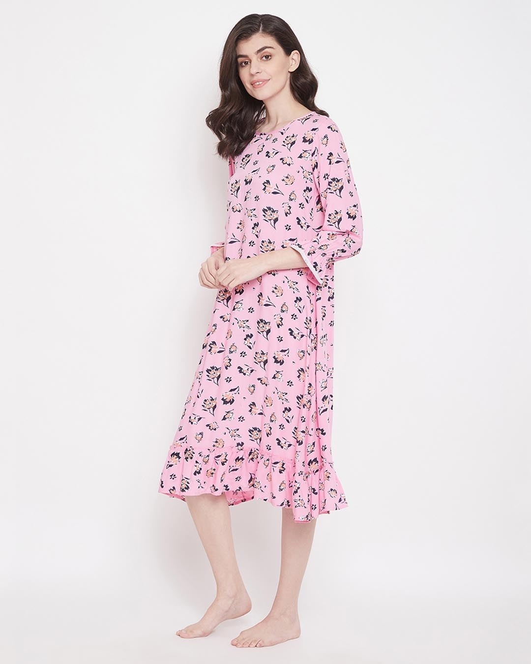 Shop Pretty Florals Mid Length Night Dress In Baby Pink   Cotton Rich-Back