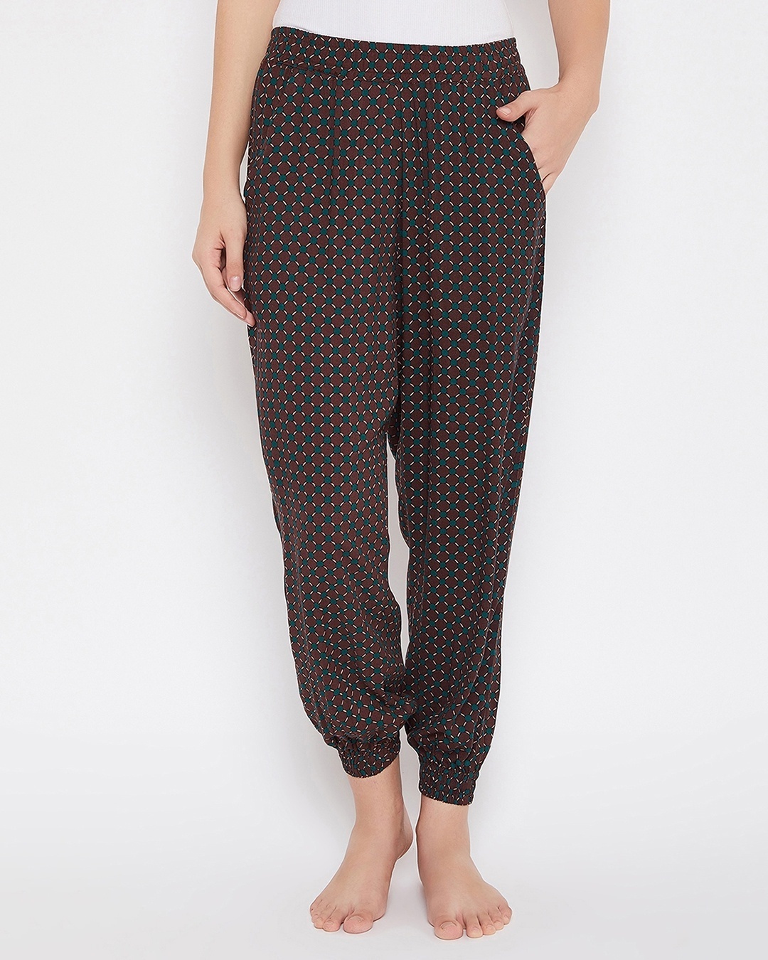 Shop Print Jogger Style Pants In Maroon   Rayon-Front