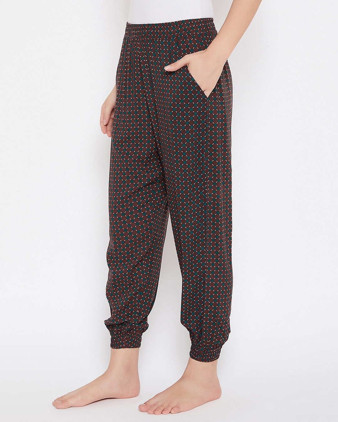 Shop Print Jogger Style Pants In Maroon   Rayon-Back