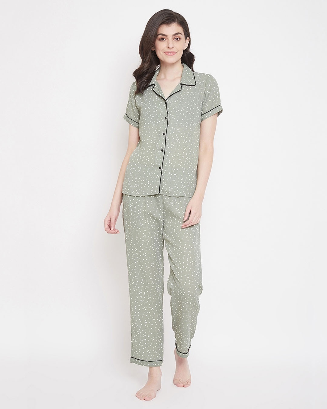 Shop Print Me Pretty Button Me Up Shirt & Pyjama In Sage Green  Crepe-Front