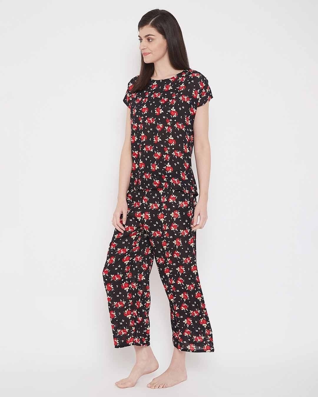 Shop Print Me Pretty Top & Pyjama Set In Black  Rayon